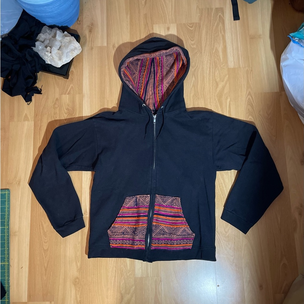 Tribal print detail zip up hoodie